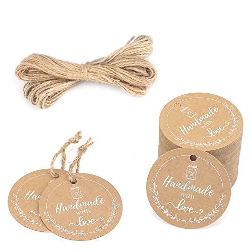 100Pcs Kraft Handmade with Love Tags,Round Brown Tags with String,Handmade Paper Gift Tags,Personalized Gift Hang Tags for DIY Crafts,Gift Wrapping,Christmas,Wedding,Birthday,Thanksgiving Gift(2")