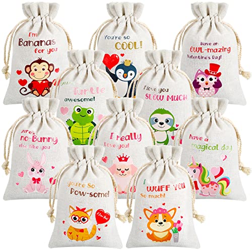 40 Pcs Valentine Drawstrings Canvas Bags, 4 x 6 Inch Small Valentine Reusable Muslin Bag Mini Candy Jewelry Drawstring Pouch Bulk Gift Bag for Kids Party Favor, Classroom Exchange Prizes