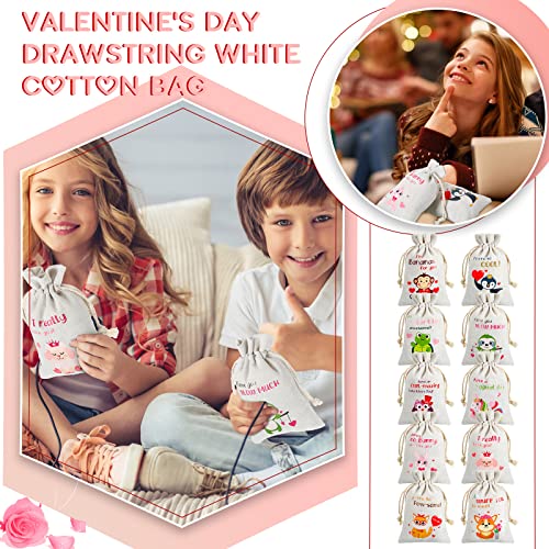 40 Pcs Valentine Drawstrings Canvas Bags, 4 x 6 Inch Small Valentine Reusable Muslin Bag Mini Candy Jewelry Drawstring Pouch Bulk Gift Bag for Kids Party Favor, Classroom Exchange Prizes