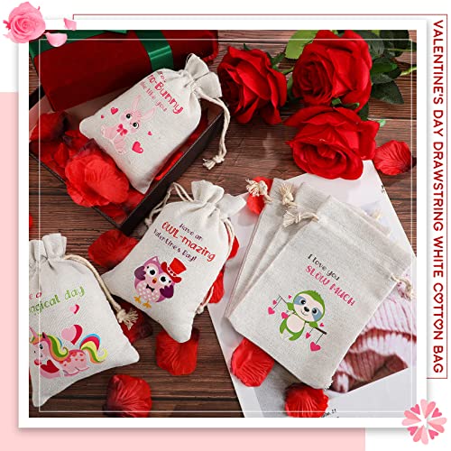 40 Pcs Valentine Drawstrings Canvas Bags, 4 x 6 Inch Small Valentine Reusable Muslin Bag Mini Candy Jewelry Drawstring Pouch Bulk Gift Bag for Kids Party Favor, Classroom Exchange Prizes