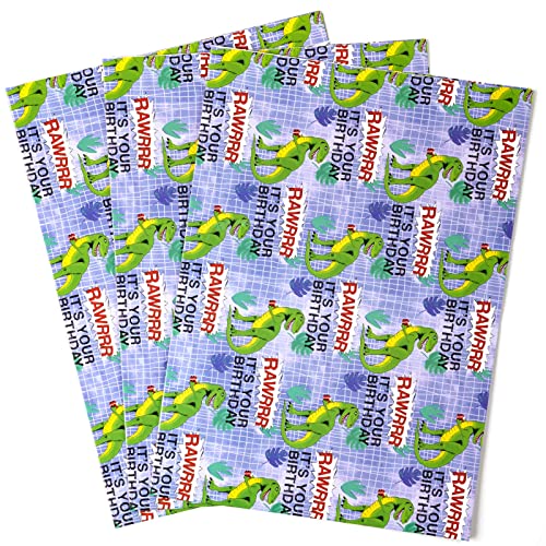 MAYPLUSS Wrapping Paper Sheet - Folded Flat - 3 Large sheets - Green Dinosaurt Design(22.6 sq.ft.ttl) - 27.5 inch X 39.4 inch Per Sheet