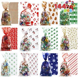 joyin 144 pcs christmas cellophane bags with ribbon candy cookie bags for holiday treats, christmas party favors supplies, christmas clear cello gift bags, xmas goodie bags