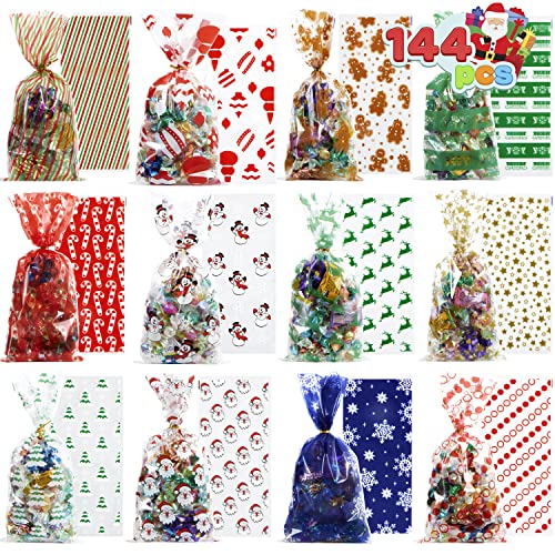 JOYIN 144 PCS Christmas Cellophane Bags with Ribbon Candy Cookie Bags for Holiday Treats, Christmas Party Favors Supplies, Christmas Clear Cello Gift Bags, Xmas Goodie Bags