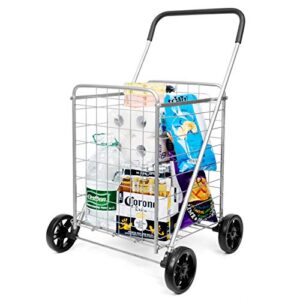 supenice grocery utility shopping cart – deluxe utility cart with oversized basket and tool free installation light weight folding cart with wide cushion handle bar for laundry book luggage travel