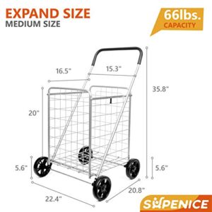 supenice Grocery Utility Shopping Cart - Deluxe Utility Cart with Oversized Basket and Tool Free Installation Light Weight Folding Cart with Wide Cushion Handle Bar for Laundry Book Luggage Travel