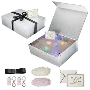 large gift box with lid, collapsible magnetic closure gift box for present, birthday, christmas; bridesmaid groomsman luxury gift box contains led string lights, ribbon, shredded paper filler, card