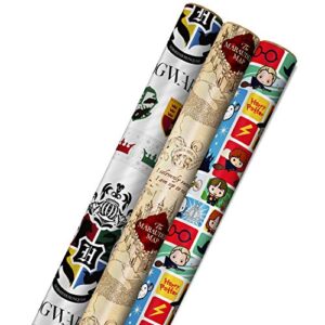 hallmark harry potter wrapping paper with cut lines on reverse (3-pack: 60 sq. ft. ttl; marauder’s map, hogwarts crest) for birthdays, graduations, christmas, valentine’s day