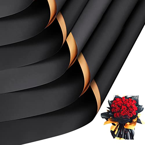 YEXEXINM 40pcs Double Sided Gold Black Flower Wrapping Paper, 22.8X22.8 Inch Waterproof Floral Wrapping Paper Sheets Florist Bouquet Supplies Packaging Paper for Wedding Engagement DIY Crafts Gift