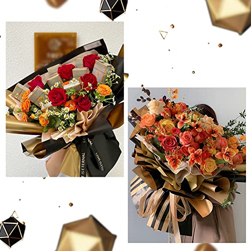 YEXEXINM 40pcs Double Sided Gold Black Flower Wrapping Paper, 22.8X22.8 Inch Waterproof Floral Wrapping Paper Sheets Florist Bouquet Supplies Packaging Paper for Wedding Engagement DIY Crafts Gift