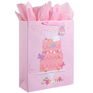 suncolor 16″ extra large gift bag with tissue paper for girls (happy birthday cake)