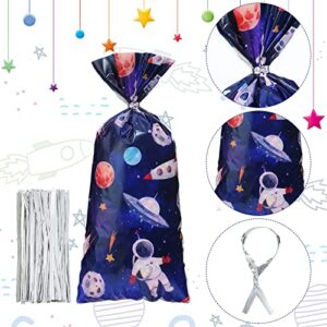 120 Pack Outer Space Party Bags PVC Galaxy Theme Bags Astronaut Plastic Candy Bags Outer Space Themed Candy Bags Cellophane Goodie Bags with 150 Silver Twist Ties for Birthday Party Favors Supplies