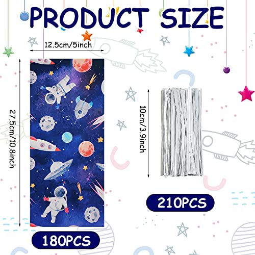 120 Pack Outer Space Party Bags PVC Galaxy Theme Bags Astronaut Plastic Candy Bags Outer Space Themed Candy Bags Cellophane Goodie Bags with 150 Silver Twist Ties for Birthday Party Favors Supplies