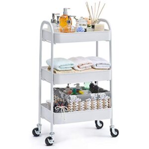 toolf 3 tier rolling cart, no screw metal utility cart, easy assemble utility serving cart, sturdy storage trolley with handles, locking wheels, for classroom office home bedroom bathroom, white
