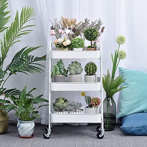 TOOLF 3 Tier Rolling Cart, No Screw Metal Utility Cart, Easy Assemble Utility Serving Cart, Sturdy Storage Trolley with Handles, Locking Wheels, for Classroom Office Home Bedroom Bathroom, White