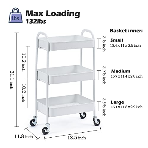 TOOLF 3 Tier Rolling Cart, No Screw Metal Utility Cart, Easy Assemble Utility Serving Cart, Sturdy Storage Trolley with Handles, Locking Wheels, for Classroom Office Home Bedroom Bathroom, White