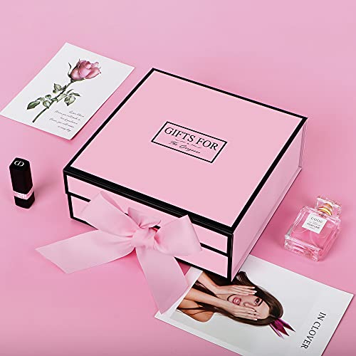 JiaWei Gift Box 9.4x9.4x3.7 Inches, Luxury Gift Boxes with Lid and Ribbon, Magnetic Hard Cardboard Gift Box, Collapsible Bridesmaid Proposal Box, Decorative Box for Presents, Wedding, Birthday(Pink)