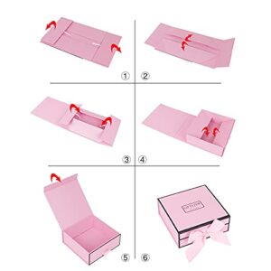 JiaWei Gift Box 9.4x9.4x3.7 Inches, Luxury Gift Boxes with Lid and Ribbon, Magnetic Hard Cardboard Gift Box, Collapsible Bridesmaid Proposal Box, Decorative Box for Presents, Wedding, Birthday(Pink)