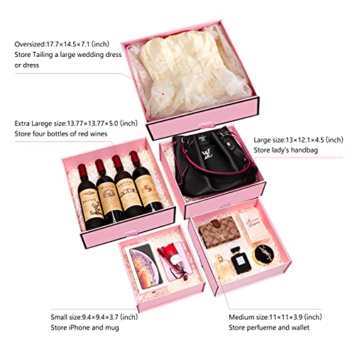 JiaWei Gift Box 9.4x9.4x3.7 Inches, Luxury Gift Boxes with Lid and Ribbon, Magnetic Hard Cardboard Gift Box, Collapsible Bridesmaid Proposal Box, Decorative Box for Presents, Wedding, Birthday(Pink)