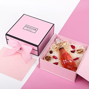 JiaWei Gift Box 9.4x9.4x3.7 Inches, Luxury Gift Boxes with Lid and Ribbon, Magnetic Hard Cardboard Gift Box, Collapsible Bridesmaid Proposal Box, Decorative Box for Presents, Wedding, Birthday(Pink)