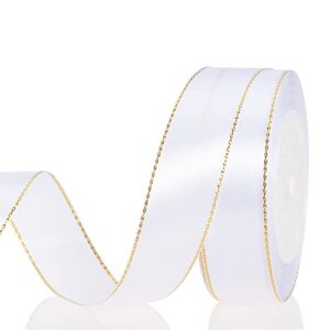yaseo 25 yards 1 inch white satin ribbon with gold edges, gold border fabric ribbons for gift wrapping and crafts