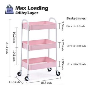 TOOLF 3 Tier Rolling Cart, No Screw Metal Utility Cart, Easy Assemble Utility Serving Cart, Sturdy Storage Trolley with Handles, Locking Wheels, for Classroom Office Home Bedroom Bathroom, Pink