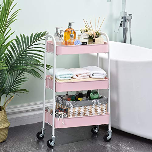 TOOLF 3 Tier Rolling Cart, No Screw Metal Utility Cart, Easy Assemble Utility Serving Cart, Sturdy Storage Trolley with Handles, Locking Wheels, for Classroom Office Home Bedroom Bathroom, Pink