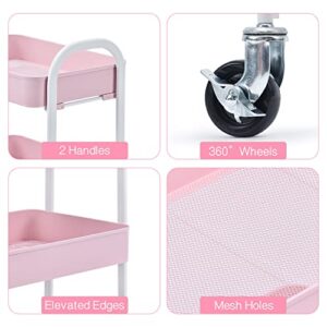 TOOLF 3 Tier Rolling Cart, No Screw Metal Utility Cart, Easy Assemble Utility Serving Cart, Sturdy Storage Trolley with Handles, Locking Wheels, for Classroom Office Home Bedroom Bathroom, Pink