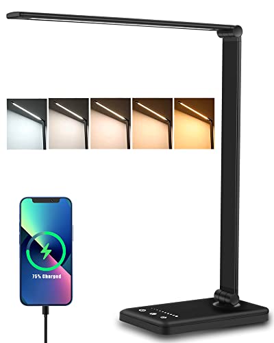 WYZGFRQS Desk Lamp, LED Desk Lamp with USB Charging Port, Sensitive Touch Table Lamp for Dorm Home Office with 5 Light Colors, 10 Brightness, Timer, Black