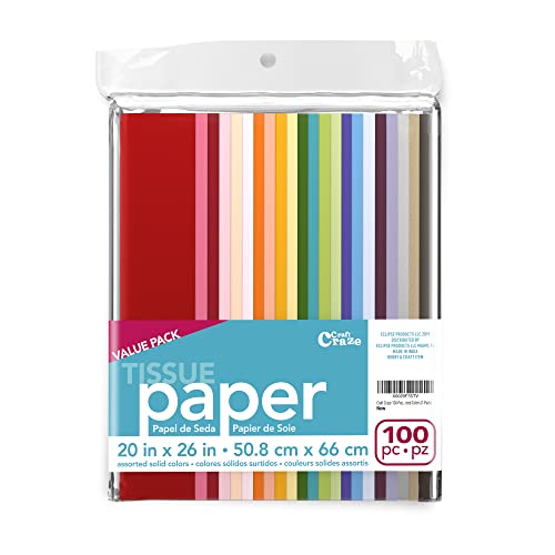 Craft Craze 100 Sheets (20" x 26") 25 Assorted Colors Premium Quality Tissue Paper for Gift Wrapping, Arts & Crafts, Packing and Decorations (1-Pack)