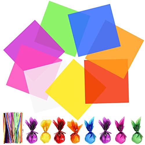 40 Pcs 14 x 14 Inch Colored Cellophane Paper Cello Sheets Wraps Multi-Colored Cellophane Transparent Gift Wrap with 120 Pcs Metallic Twist Ties, for DIY Arts Crafts Gifts Treats Candy Wrapping