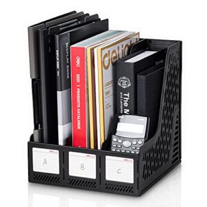 deli magazine file holder, desk organizer file folder for office organization and storage, sturdy plastic binder organizer, 3 vertical compartments, black