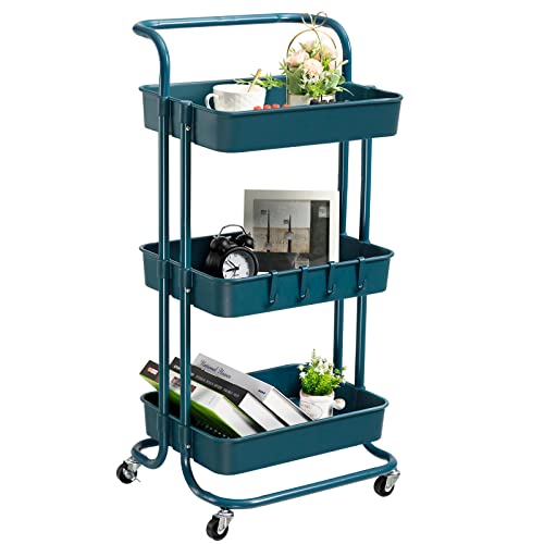 danpinera 3 Tier Rolling Utility Cart with Hooks & Handle Storage Organization Shelves Coffee Bar Cart Service Cart Trolley for Kitchen, Bathroom, Office, Workshop (Dark Blue)