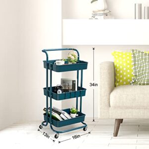 danpinera 3 Tier Rolling Utility Cart with Hooks & Handle Storage Organization Shelves Coffee Bar Cart Service Cart Trolley for Kitchen, Bathroom, Office, Workshop (Dark Blue)