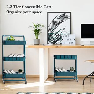 danpinera 3 Tier Rolling Utility Cart with Hooks & Handle Storage Organization Shelves Coffee Bar Cart Service Cart Trolley for Kitchen, Bathroom, Office, Workshop (Dark Blue)