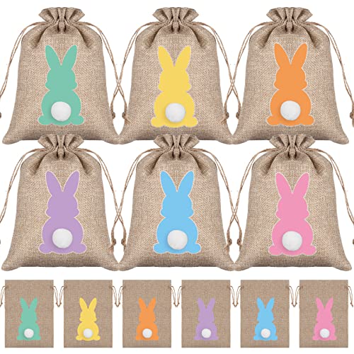 Whaline 24Pcs Easter Burlap Bag Drawstring Gift Bag Easter Bunny Rabbit Linen Jute Bag with Fluffy Tail Gift Pouch Bag Hunt Bag Party Favor Bag Chocolate Sweet Bags for Easter Birthday Treats Goodie