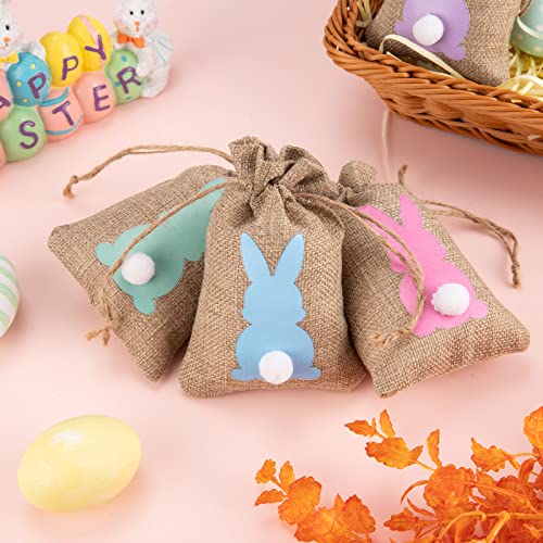 Whaline 24Pcs Easter Burlap Bag Drawstring Gift Bag Easter Bunny Rabbit Linen Jute Bag with Fluffy Tail Gift Pouch Bag Hunt Bag Party Favor Bag Chocolate Sweet Bags for Easter Birthday Treats Goodie