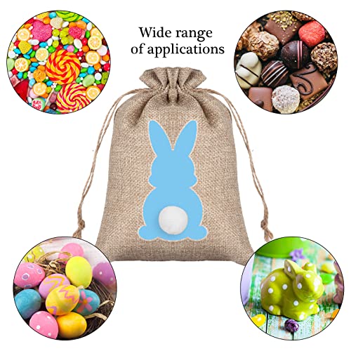 Whaline 24Pcs Easter Burlap Bag Drawstring Gift Bag Easter Bunny Rabbit Linen Jute Bag with Fluffy Tail Gift Pouch Bag Hunt Bag Party Favor Bag Chocolate Sweet Bags for Easter Birthday Treats Goodie