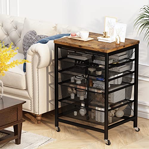 AWQM Rolling File Storage Cabinet,5 Drawers Cart Organizer with Lockable Wheels,Mobile Office Printer Stand,Home Office Utility Cart,Rustic Brown & Black Mesh