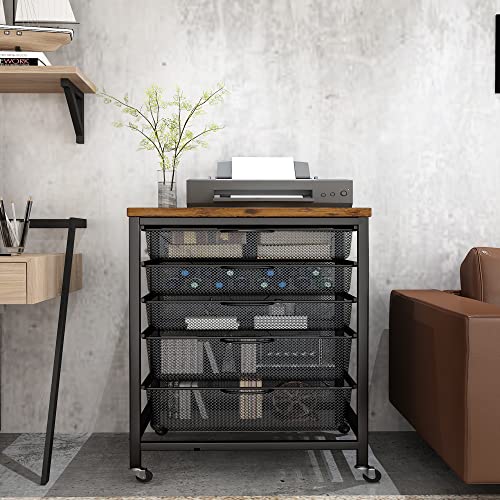 AWQM Rolling File Storage Cabinet,5 Drawers Cart Organizer with Lockable Wheels,Mobile Office Printer Stand,Home Office Utility Cart,Rustic Brown & Black Mesh