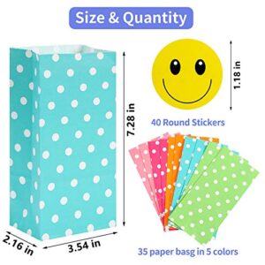 AN JING ZHI 35pcs Kraft Paper Party Favor Bags, 5 Colors Small Gifts Bags with Stickers, Goodies Bags for Birthday, Baby Shower, Wedding and More, 3.54 x 2.16 x 7.28 Inches