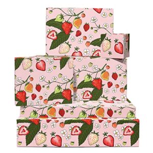 pink wrapping paper – strawberries flowers daisy – 6 sheets of thick gift wrap – for birthday baby shower anniversary – comes with fun stickers – by central 23