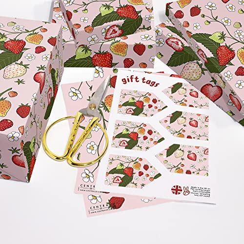 Pink Wrapping Paper - Strawberries Flowers Daisy - 6 Sheets Of Thick Gift Wrap - For Birthday Baby Shower Anniversary - Comes With Fun Stickers - By Central 23