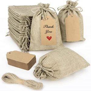 hapdoo 50pcs small gift bags with drawstring and 50 gift tags with string, 4×5.5 in fabric gift bags for small business bulk, small burlap bags with drawstring, mini party favor bags diy craft jewelry pouches coffee bags