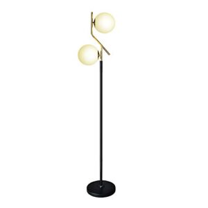 hsyile lighting ku300208 modern style two milky white glass orbs and brass finish floor lamp for living room,bedroom,office,hotel,light pole and base black finish