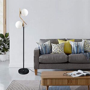 Hsyile Lighting KU300208 Modern Style Two Milky White Glass Orbs and Brass Finish Floor Lamp for Living Room,Bedroom,Office,Hotel,Light Pole and Base Black Finish