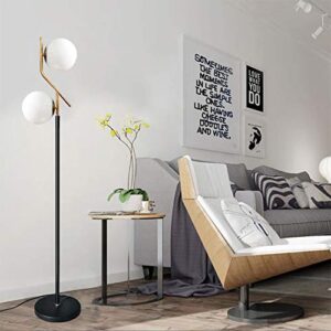 Hsyile Lighting KU300208 Modern Style Two Milky White Glass Orbs and Brass Finish Floor Lamp for Living Room,Bedroom,Office,Hotel,Light Pole and Base Black Finish