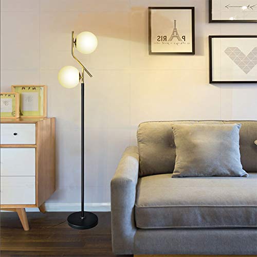 Hsyile Lighting KU300208 Modern Style Two Milky White Glass Orbs and Brass Finish Floor Lamp for Living Room,Bedroom,Office,Hotel,Light Pole and Base Black Finish