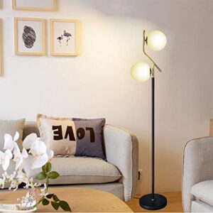 Hsyile Lighting KU300208 Modern Style Two Milky White Glass Orbs and Brass Finish Floor Lamp for Living Room,Bedroom,Office,Hotel,Light Pole and Base Black Finish