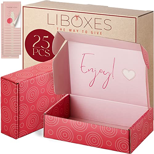 LIBOXES Gift Box 5x7x2 In - Set of 25 Gift Boxes with Lids for Presents or Mailing - Small Shipping, Party Favor, or Gift Boxes Bulk - 25 Thank You Stickers Included, Pink