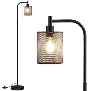 boostarea industrial floor lamp, standing lamp with hanging iron mesh lamp shade, 6w led bulb, whole metal farmhouse floor lamp with foot switch, rustic floor lamps for living room bedroom, black